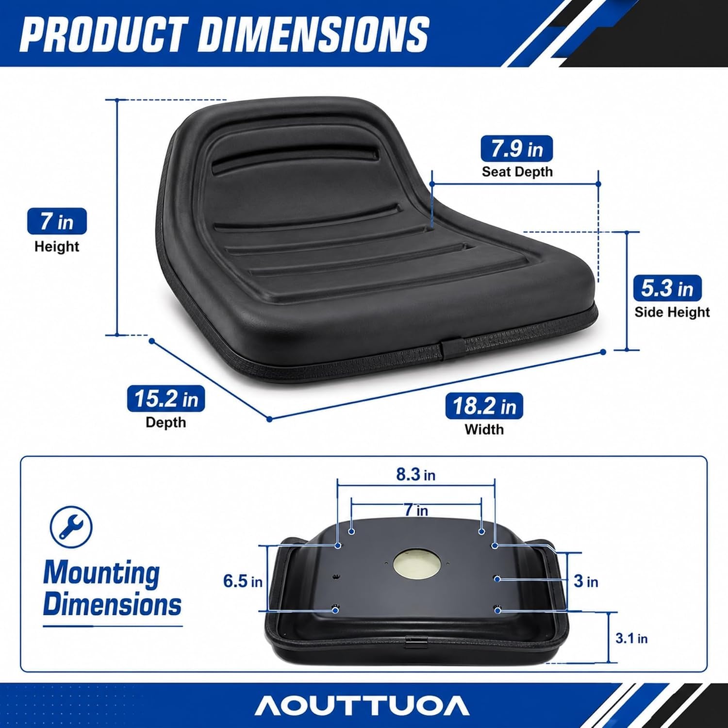 Universal Replacement Riding Lawn Mower Seat – Black PVC Vinyl Tractor Seat Compatible with John Deere Husqvarna Craftsman Kubota Toro MTD Exmark Gravely | Fits Forklift Excavator Mower