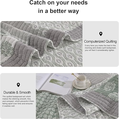 Miniatura 7 de PANGUSHAN Juego de edredón tamaño Queen, juego de ropa de cama 100% algodón, colcha floral reversible de retazos para cama Queen, colcha de cama