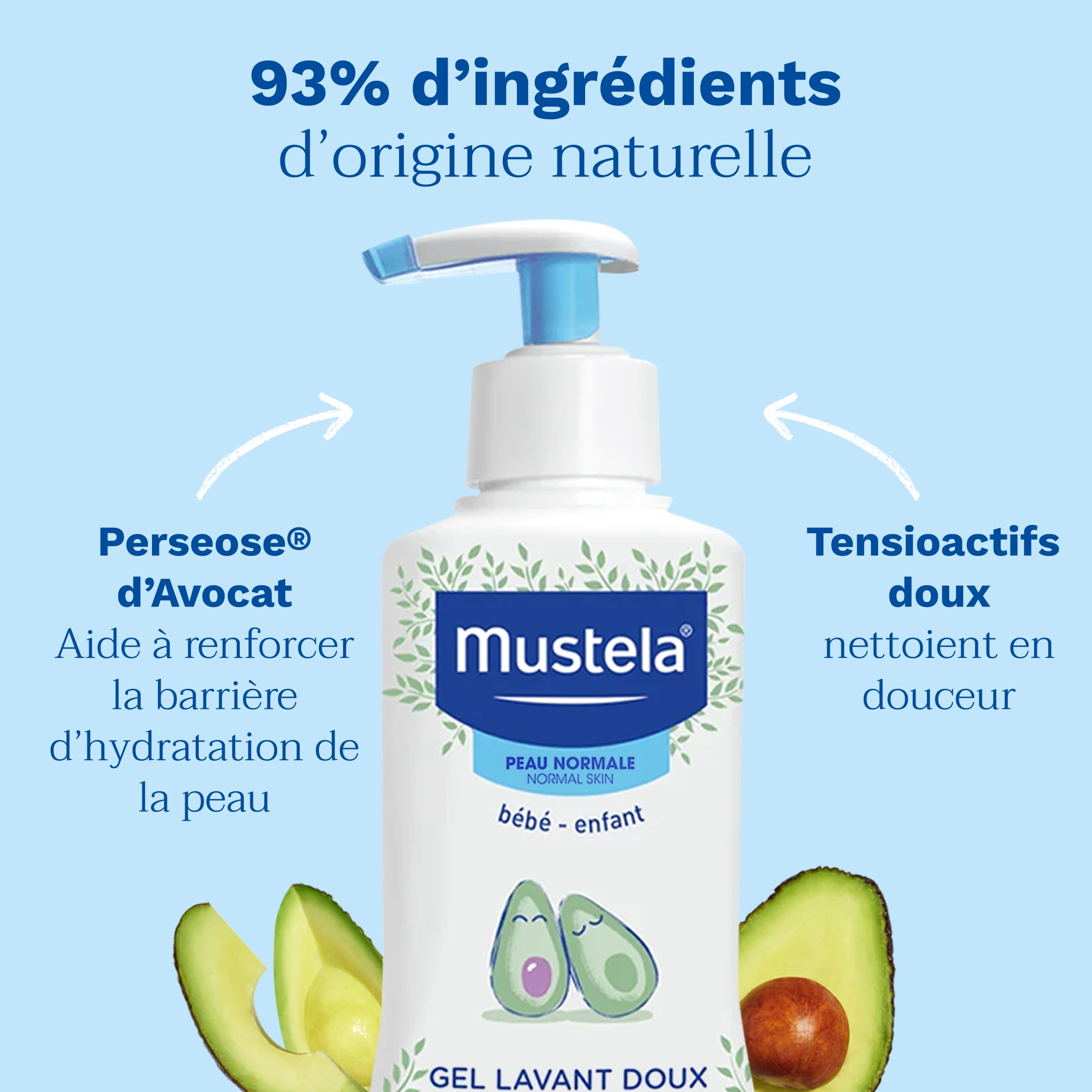 Mustela - Gel Lavant Bébé Doux - Produit Bébé Apaisant à l'Avocat BIO pour Corps et Cheveux - 93% d'Ingrédients d'Origine Naturelle - Peau Normale - Flacon Pompe Usage Quotidien - Haute Tolérance
