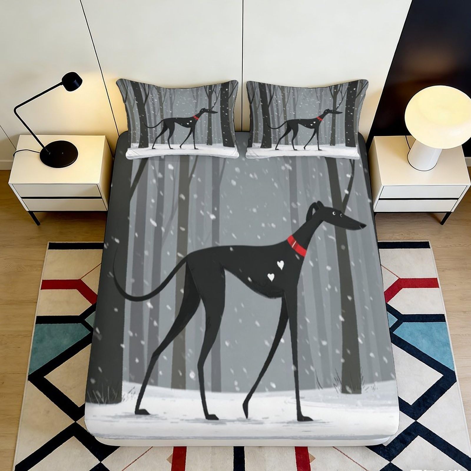 3D Printed Grey Dog Pattern Fitted Sheet Microfiber Soft Durable Black Greyhound Bed Cover for Bedroom Dormitory Guest Room Mattress Protection 160x200x25cm
