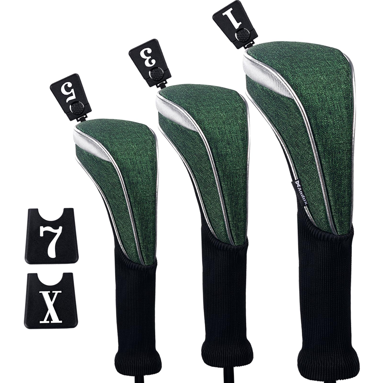 Andux Set di 3 coperture per mazze da golf in nylon, per mazze da golf, 460 cc, con collo lungo