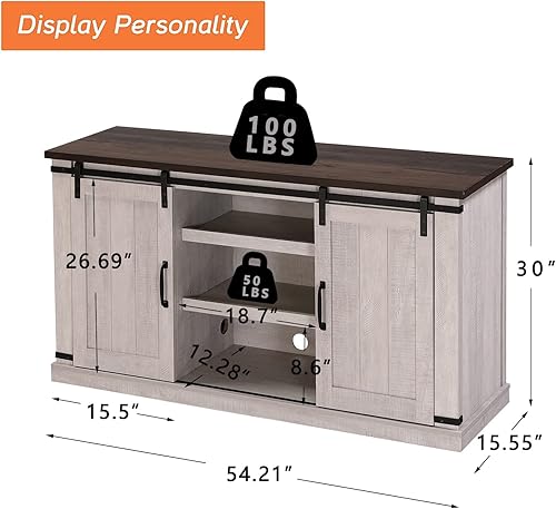 Miniatura 2 de Soporte de TV de madera moderno de granja blanco y gris para TV de 65 pulgadas, consola de TV rústica, mesa central de entretenimiento multimedia,