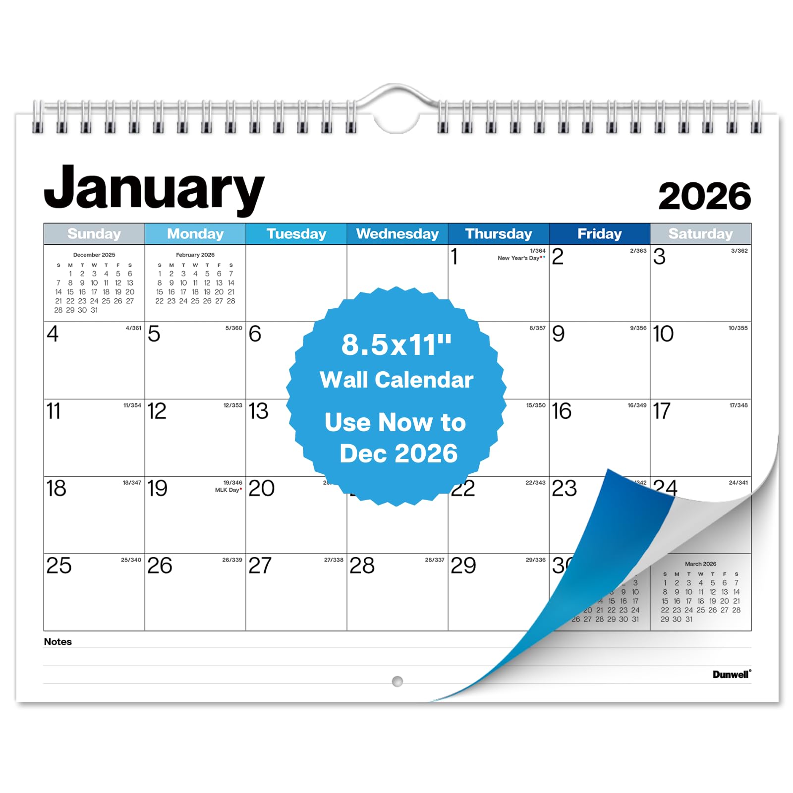 Dunwell 8.5x11" Wall Calendar 2025-2026, Use Now to December 2026, Use Hanging on Wall or Use as 8.5 x 11 Office Desk Calendar