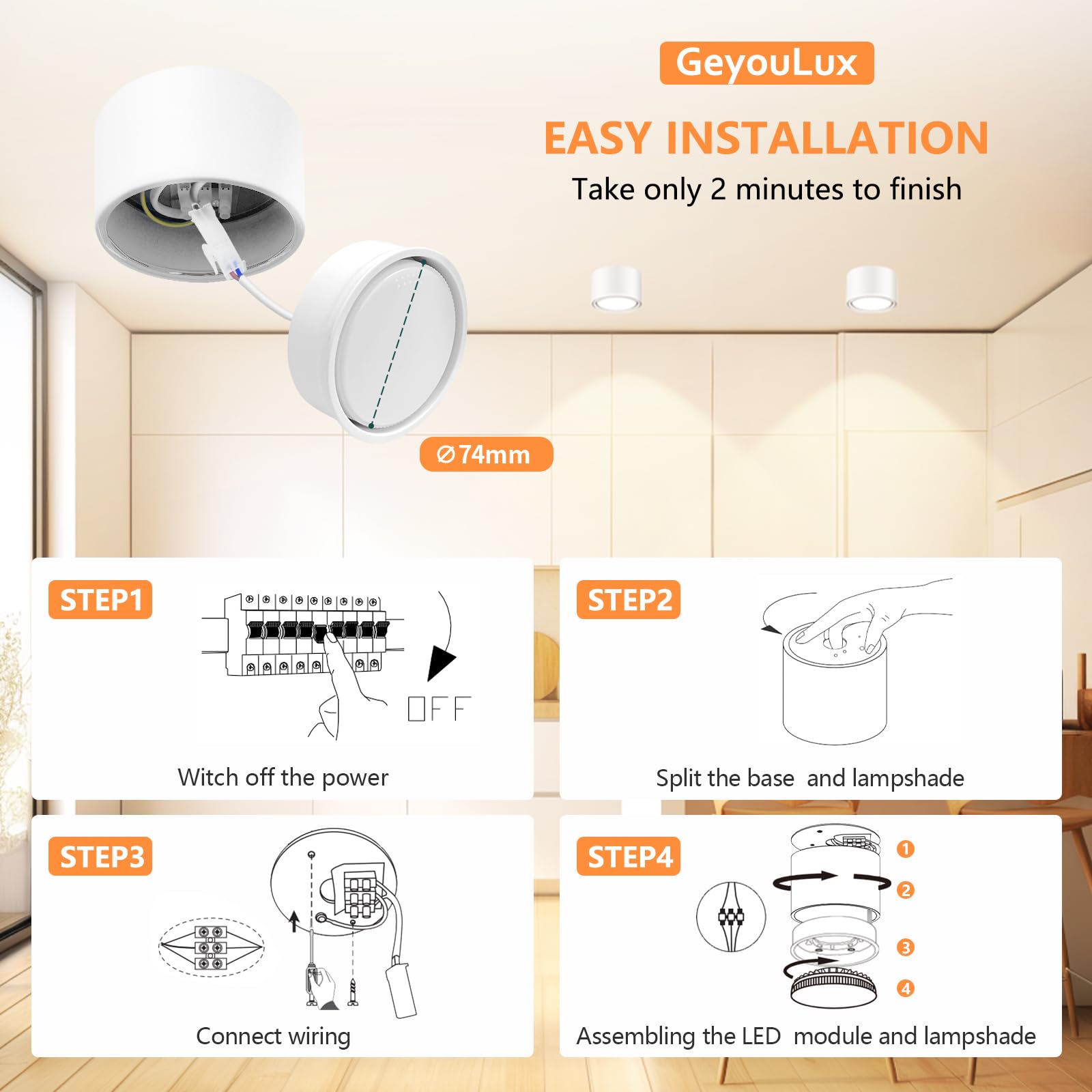 GeyouLux 4 Focos LED Techo Focos Superficie Grientable incl. Bombilla 6W Intercambiable Módulo GX53 LED Plafón Focos 3000K Blanco Cálido Aluminio Ø95x55mm Focos LED Interior 680LM Lampara Techo Blanca