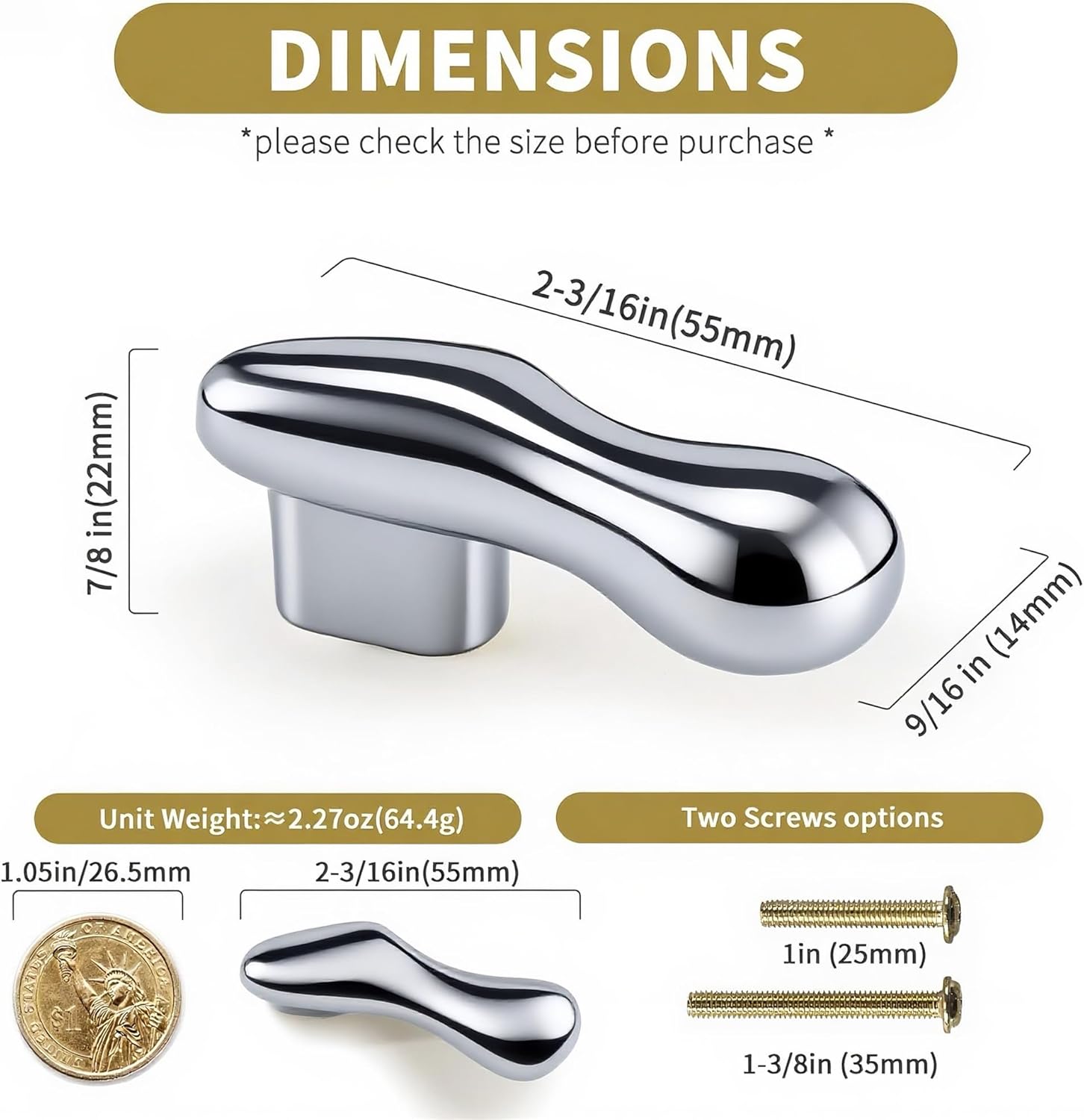 Solid Brass Cabinet Knobs, Silver-Tone Dresser Pulls Handles, Modern Ergonomic Teardrop Shaped Unique Hardware for Cupboard Drawer, Kitchen, Bathroom