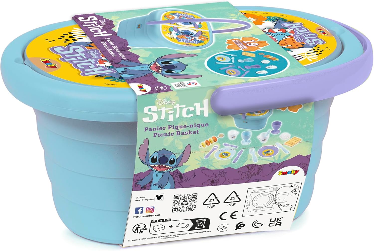 Smoby - Stitch - Picnic Basket - Easily Transportable - 19 Accessories Included - Cups, Glasses, Fruit Rings, Waffle, Meringue and More - for Ages 3 and Up - Made in France