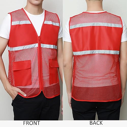 Miniatura 6 de TopTie Chaleco de seguridad de malla con cremallera, chaleco de uniforme de voluntario del equipo, chaleco reflectante para correr con bolsillos,