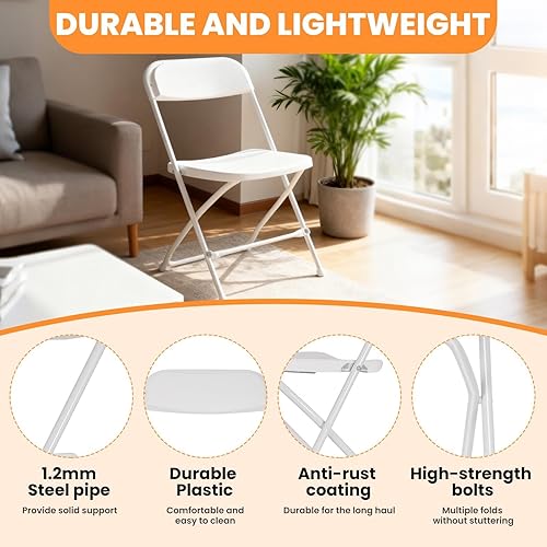 Miniatura 5 de White Plastic Folding Chairs 10 Pack, Indoor & Outdoor Foldable Chairs with Steel Frame, Stackable 350lbs Capacity Portable Commercial Party Chairs
