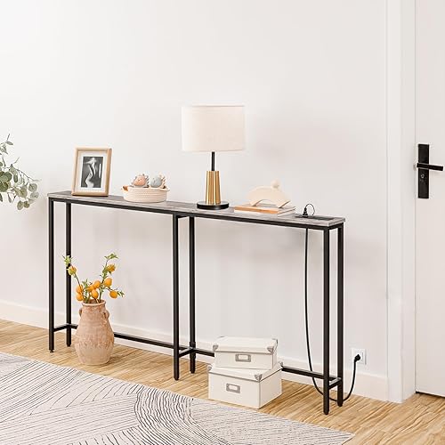Miniatura 9 de HOOBRO Mesa consola estrecha de 63 pulgadas con estación de carga, mesa de sofá de 5.9 pulgadas con 2 tomas de corriente y puertos USB, mesas de