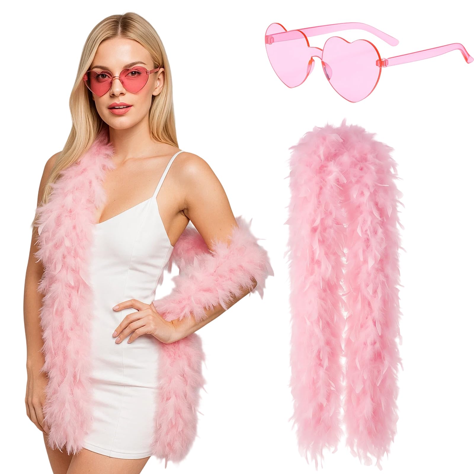Pink Feather Boa, Feather Boa, 2m Long Feather Boas with Glasses, Festival Accessories for Women, Stage Performance, Themed Party, Photography Prop, Halloween, Christmas Decoration