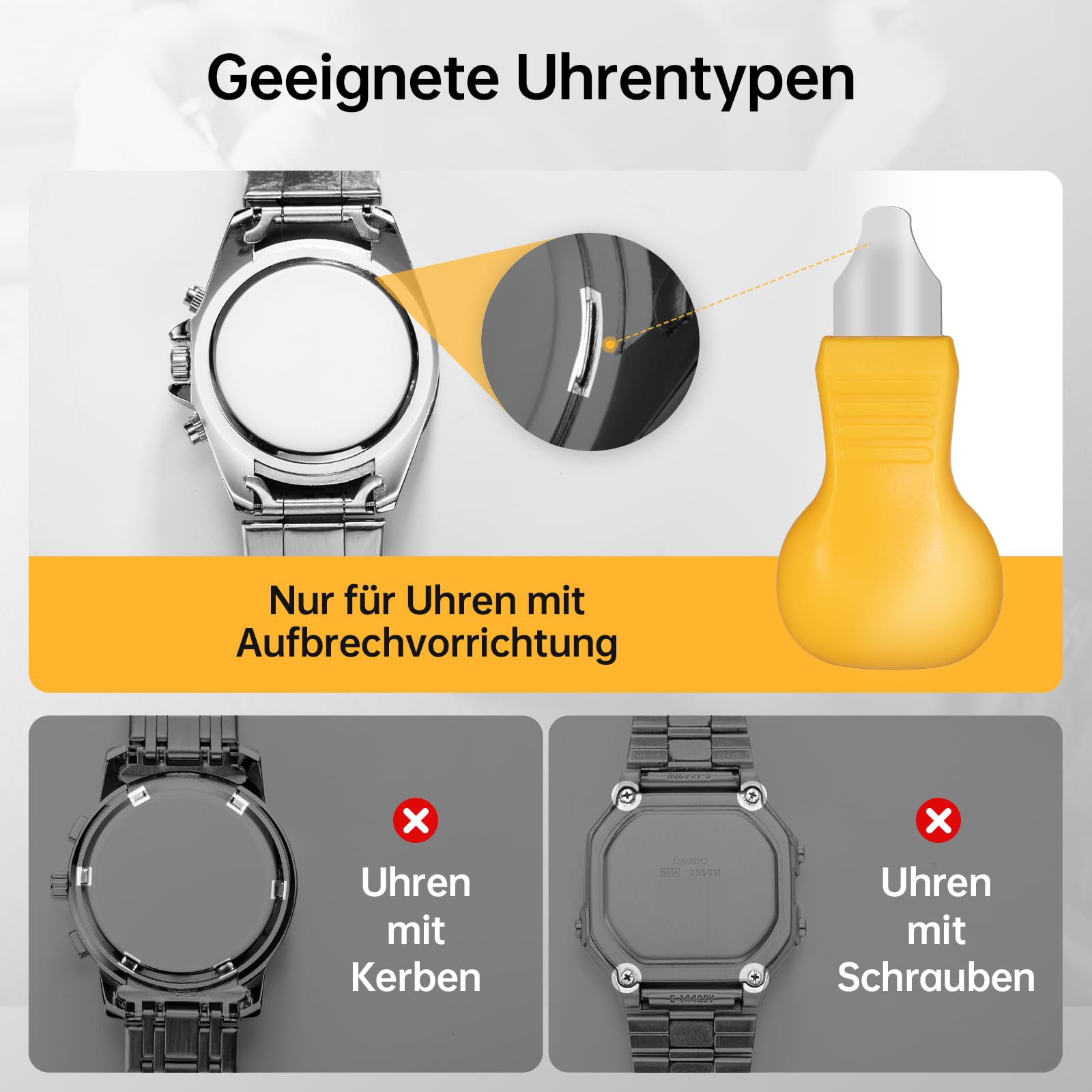 Eventronic Uhr Presse, Uhren Batteriewechsel Werkzeug, Uhrwerkzeug Einpresswerkzeug Uhrenschließer Gehäuseschließer Uhr Reparatur Werkzeug mit 12 Druckplatten Kunststoffeinsätze (16PCS)