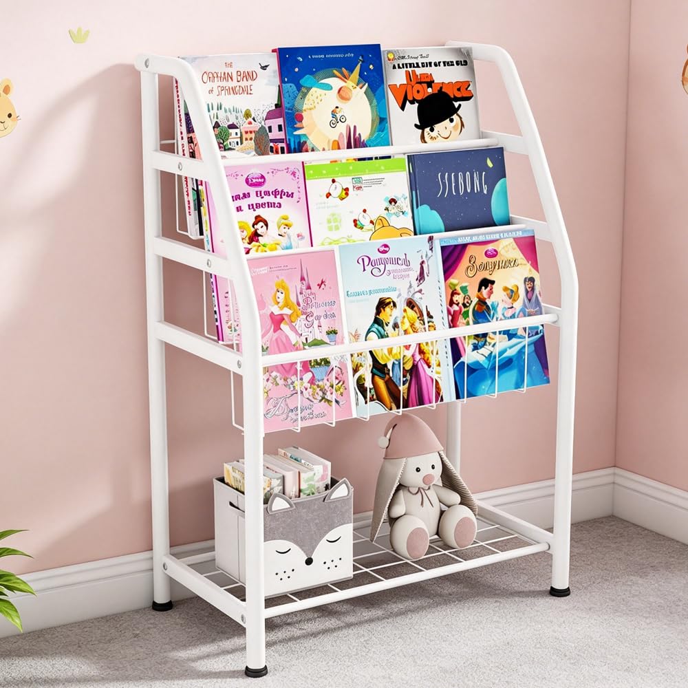 Rainbow Tree 4-Tier Metal Kids Bookshelf, Sling Bookshelf with Toy Organizer, Children Bookcase for Playroom Nursery Bedroom, Montessori Classroom Shelf