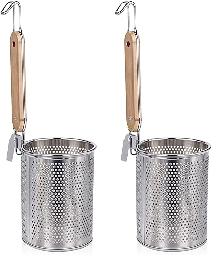 Cesta coladora de pasta, paquete de 2 coladores de alimentos de acero inoxidable con mango de madera, cuchara de espagueti, colador de malla fina