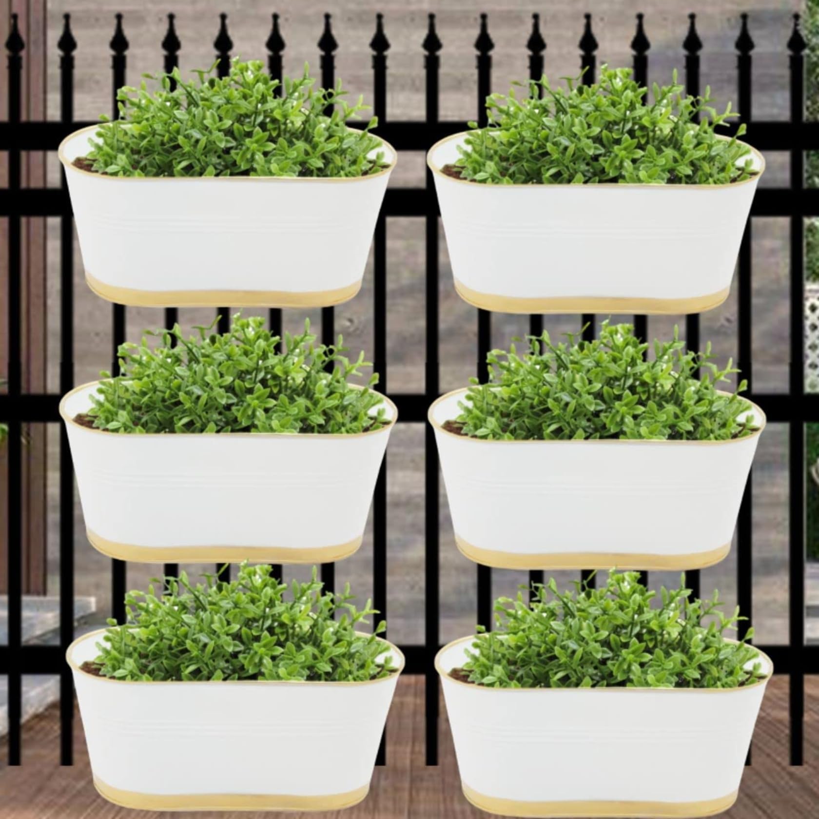 ecofynd 6 Pcs 12 inches Metal Railing Planter | Balcony Rail Hanging Oval Fence Plant Pot | Indoor Outdoor Home Decor Deck Flower Box, Color - White, Set of 6