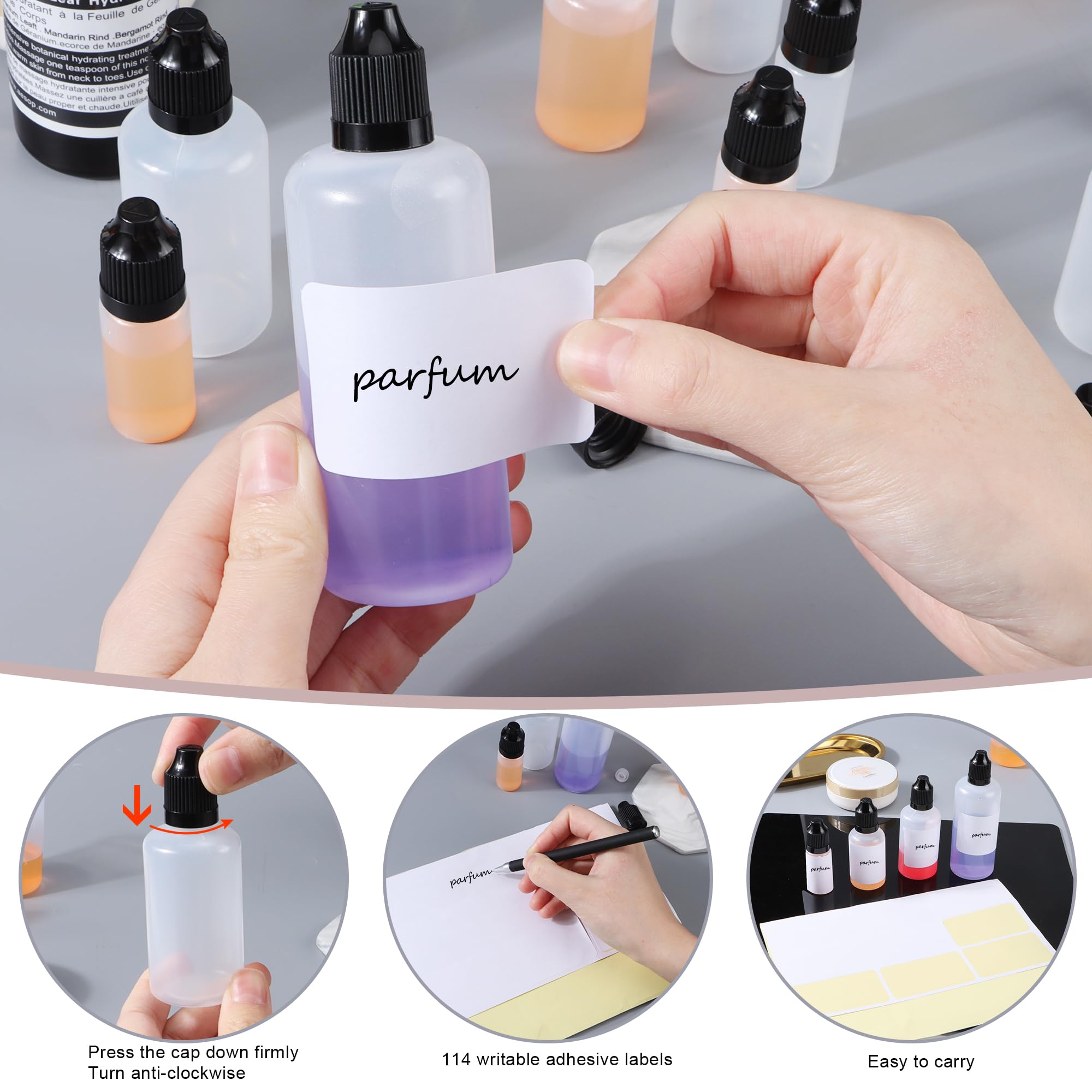 YiliYa 20 Pezzi Contagocce Bottiglie,10ml/30ml/50ml/100ml Flaconi Vuoti Plastica Squeezable Liquidi con Imbuto Contagocce et Etichetta