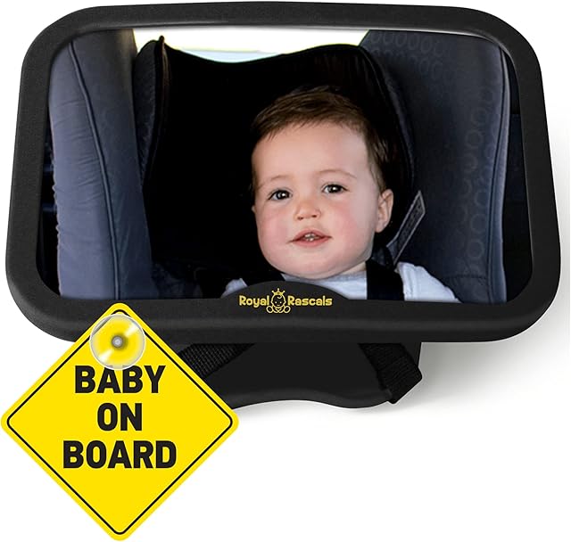 Royal Rascals Baby Car Mirror, Safest Shatterproof Back Seat Mirror For Car, Crystal Clear Rear View Car Mirror For Baby, Baby Car Seat Mirror, Car Seat Accessories, Comes w/ a Sign, Black