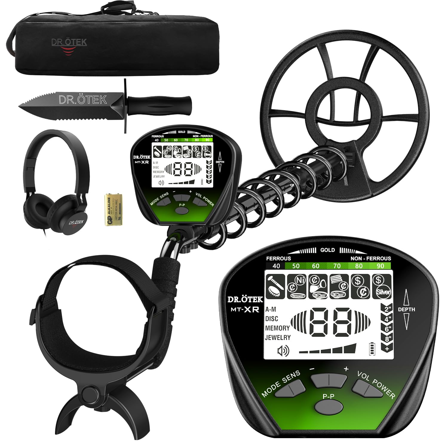 DR.ÖTEK Metal Detector for Adults Professional, Gold Metal Detector, Pinpoint & Exclusive Memory Mode, Higher Accuracy, IP68 Waterproof Coil, Big Backlit LCD Display, Advanced DSP Chip, Green