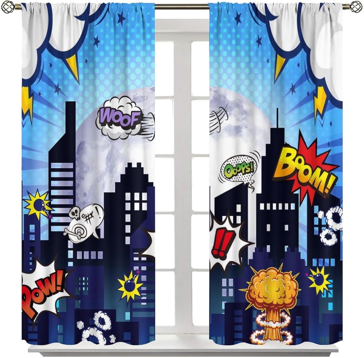 Brebasf Funny City Theme Blackout Curtains for Living Room,Cartoon Boys Room Decor City Nights Comic Style Room Darkening Window Curtains with Rod Pocket - 2 Panels 63" L x 21" W