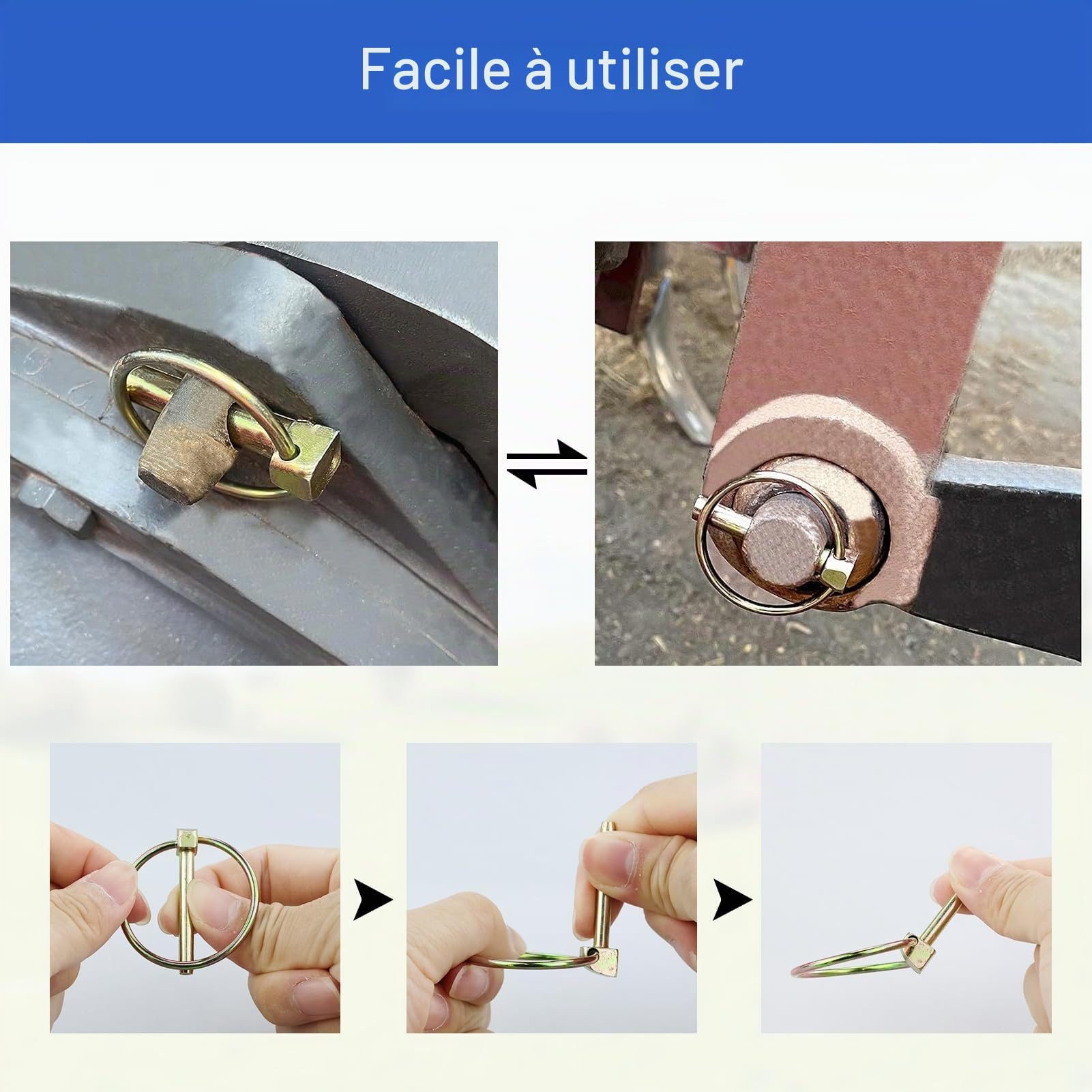 50 pièces Goupille de lynch avec anneau pour remorque de tracteur agricole，Assortiment de goupilles clips rond sécurité 4.5-6-8-11 mm Acier Galvanisé