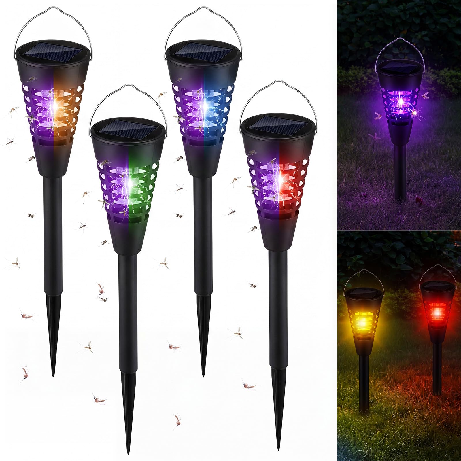 Qualirey 4 Stück Solar Insektenvernichter & Mückenvernichter für den Außenbereich, wasserdicht, kegelförmiges LED-Licht, Mückenschutz für Terrasse, Garten, Hof, Camping – Hänge-/Einsteckdesign