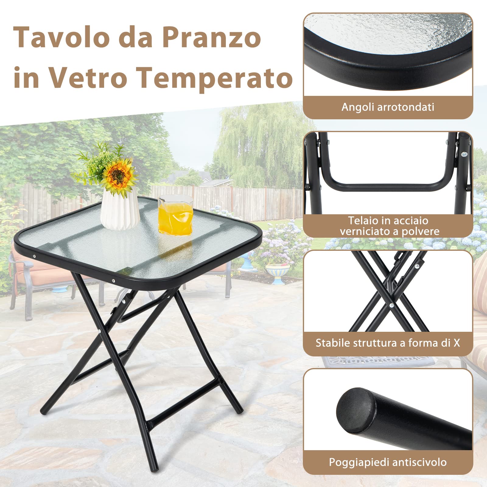 COSTWAY Tavolino Esterno Pieghevole, Tavolo da Giardino con Piano in Vetro, Struttura Metallica, Tavolino Portatile per Cortile Balcone Terrazza, 46 x 47 cm (Quadrato)