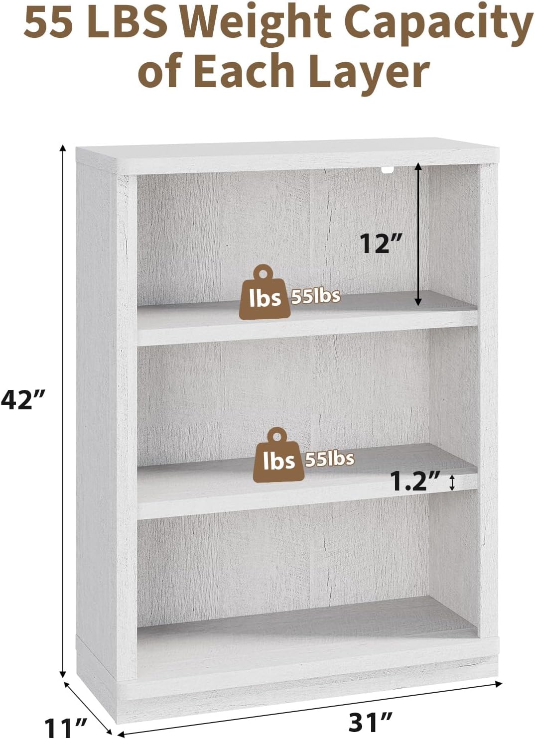 Rresyet 3 -Tier Bookcase, 42" Tall Book Shelf, 31” Wide Bookshelves, Wooden Bookcase Display Storage for Home Office, Living Room and Study Room (White)