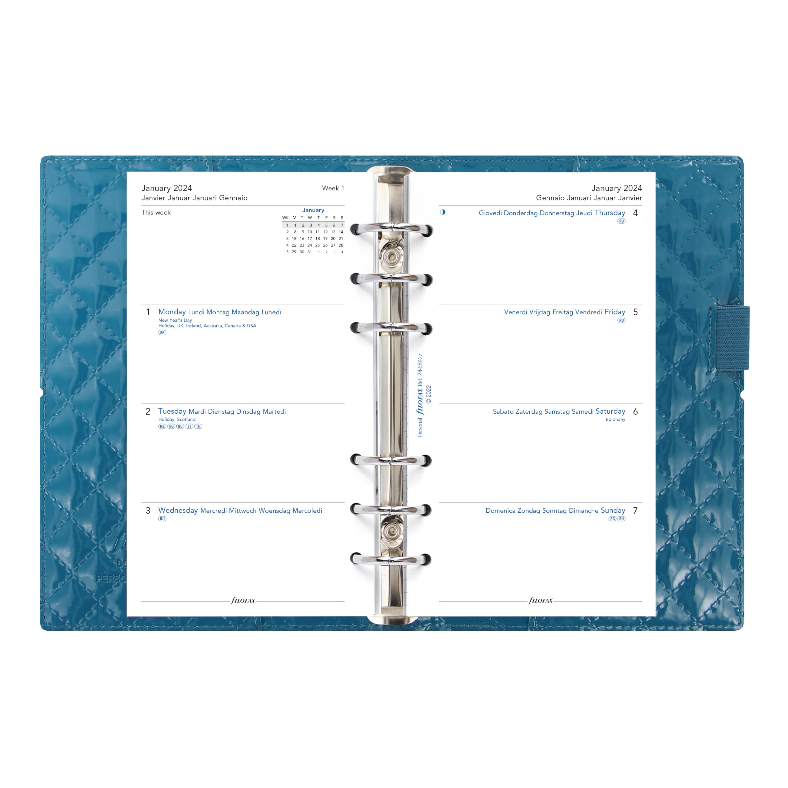 Filofax Domino Luxe Organizer, Personal Size, Teal - High-Gloss, Quilted Effect Cover, Parisian Inspired, Six Rings, Week-to-View Calendar Diary - View #3