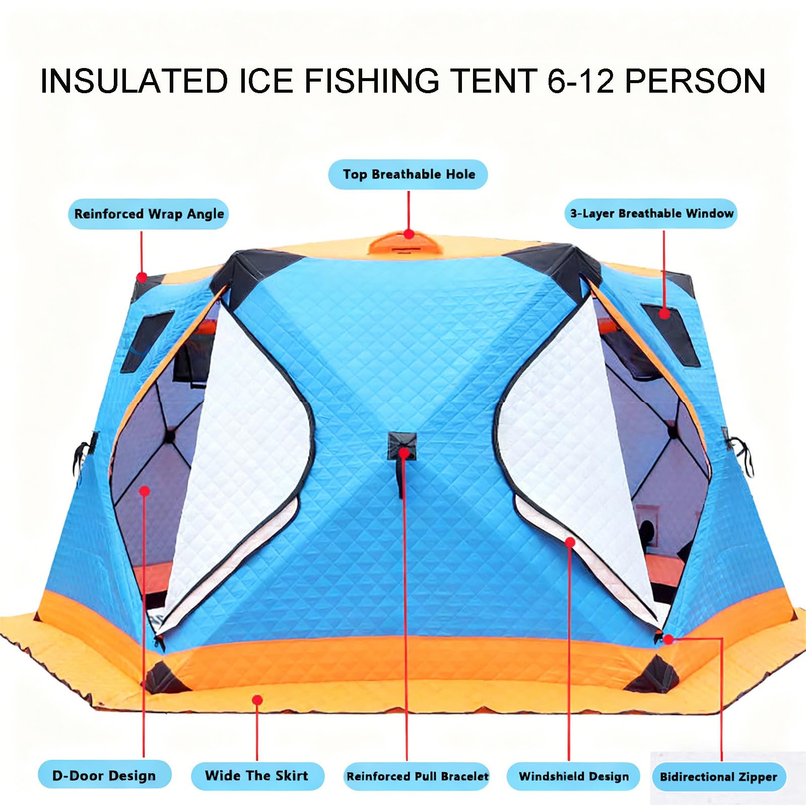 Tenda pop-up portatile per 6 – 12 persone, isolante, impermeabile, baracca da pesca su ghiaccio, con ancoraggio, corde, borsa per il trasporto, perfetta per attività invernali