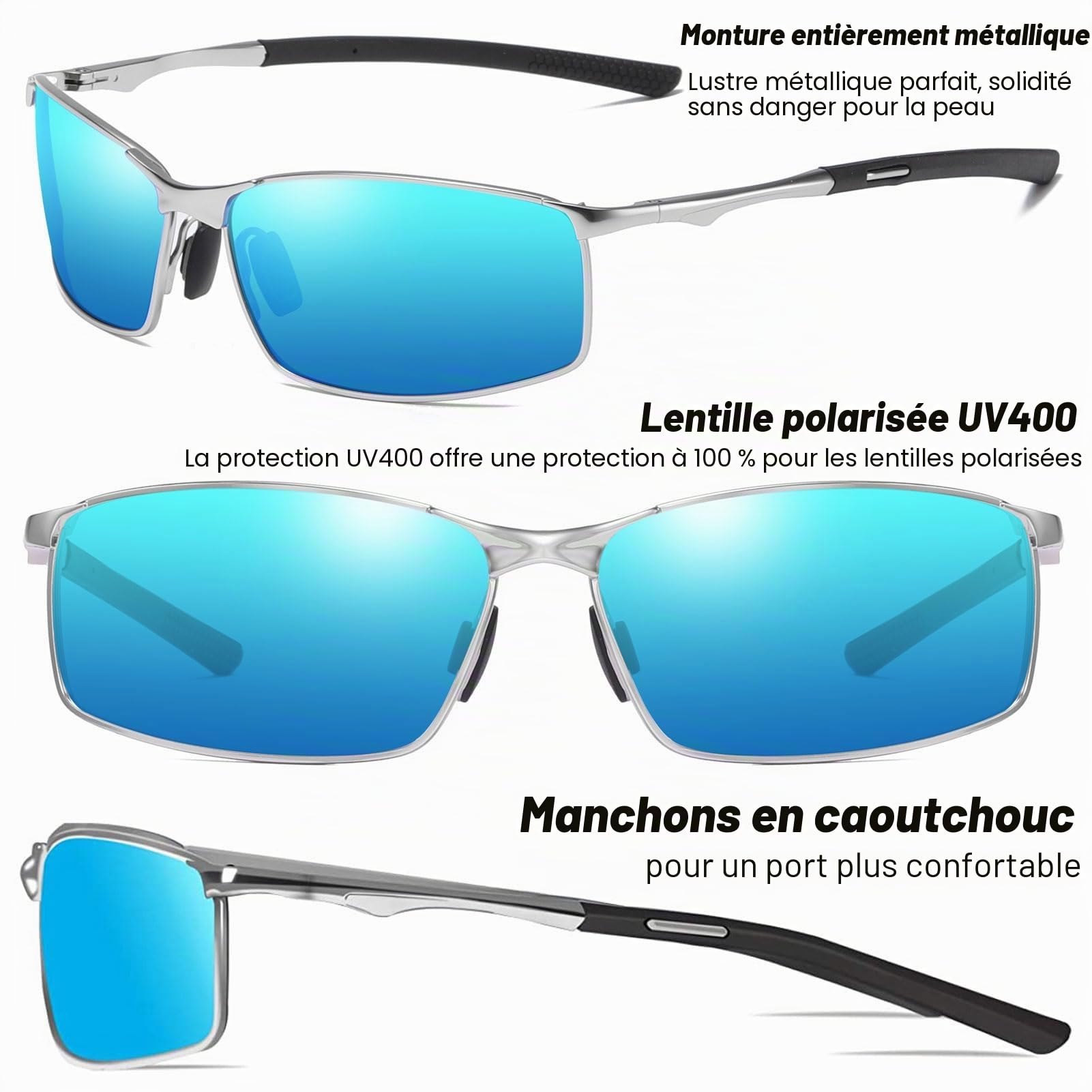 LEDING&BEST Lunettes de soleil Pilote polarisées hommes femmes Extérieur Léger Cadre métallique Pêche Golf Conduite Élégant Rétro lunettes Anti-Reflets Cat 3 CE