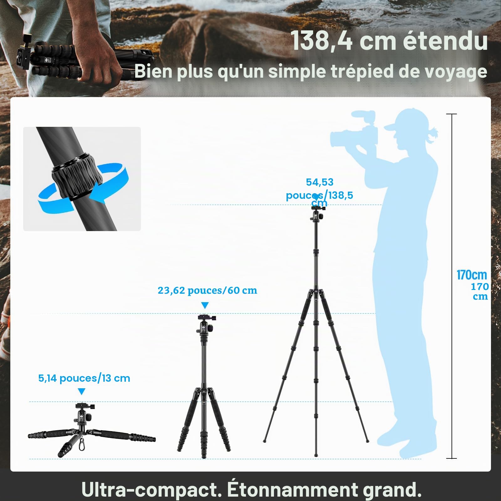 SIRUI Trépied de Voyage, 55.1‘’ Trépied Compact et léger en Fibre de Carbone avec Rotule Panoramique 360° pour Appareils Photo, Plaque QR, Colonne Centrale Amovible, Charge Jusqu'à 10kg, AM-5C
