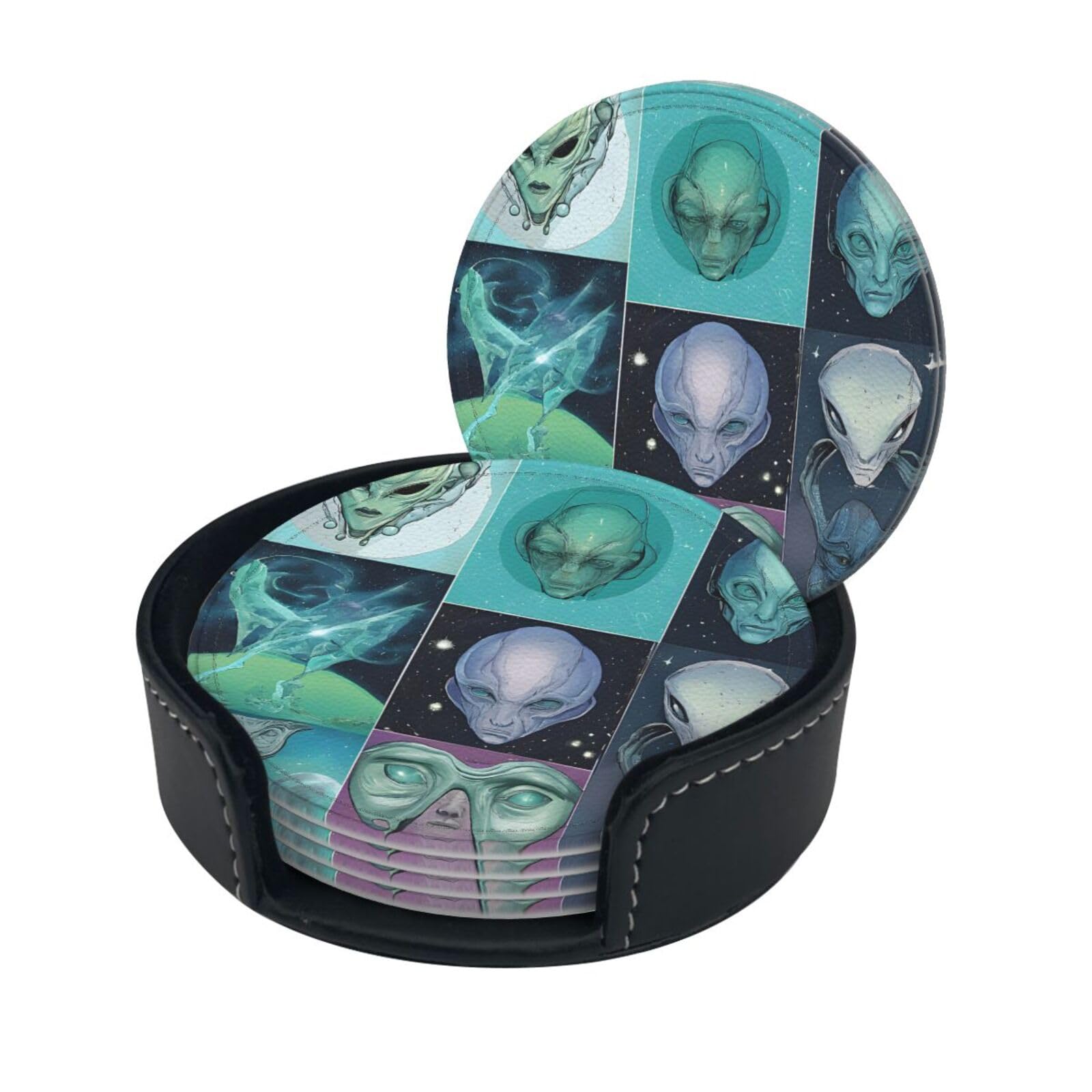 Green Alien Print Coaster,Round Leather Coasters with Storage Box for Wine Mugs,Cold Drinks and Cups Tabletop Protection (6 Piece)