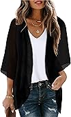 Kimono Cardigan for Women Blouse Chiffon Summer Clothes Sheer Boho Jacket(Solid Black, L)