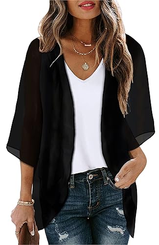 Womens Summer Tops Kimono Cardigan Floral Beach Cover up Casual Jackets Shirts - XX-Large - A Solid Black