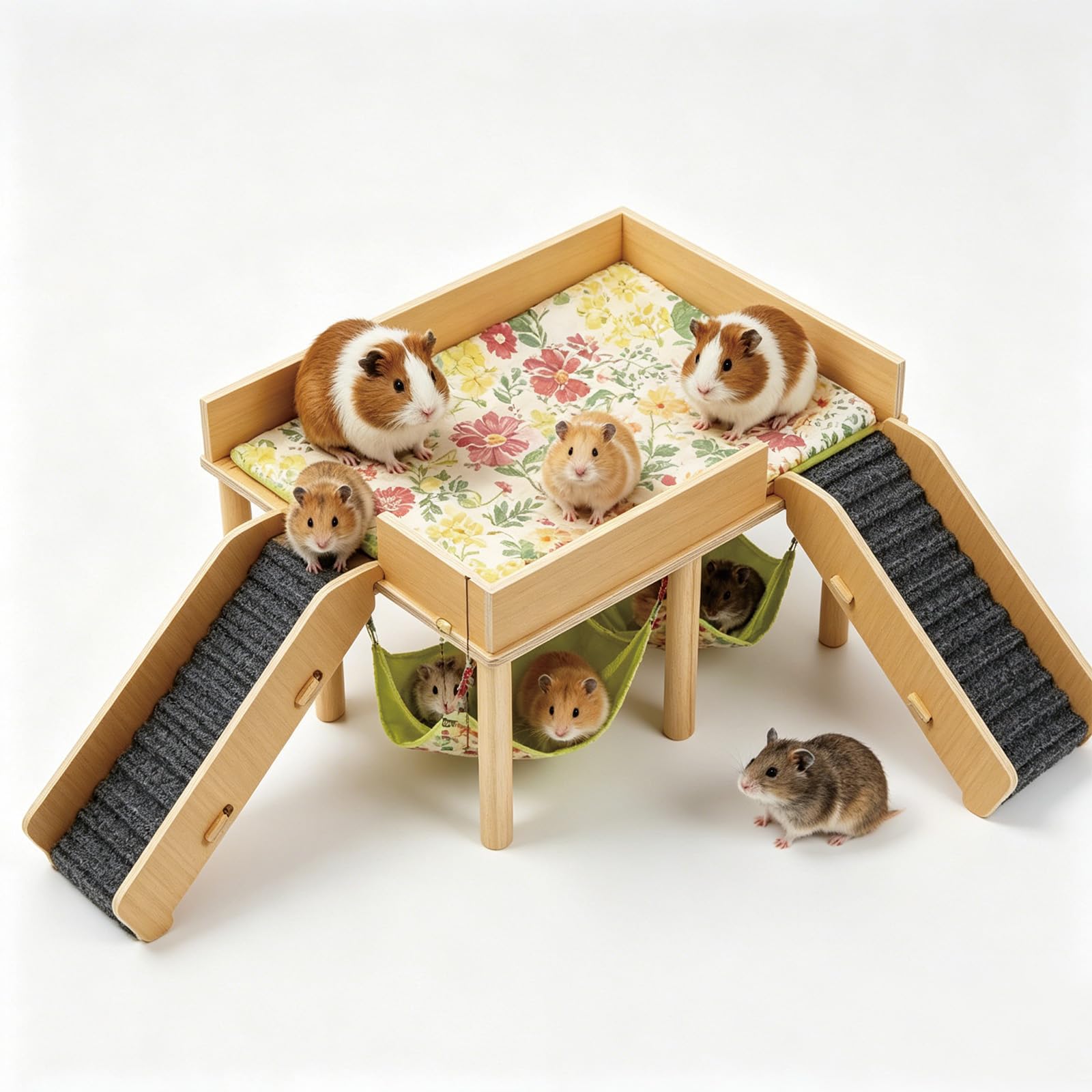 Meerschweinchen Haus aus Holz, Meerschweinchen Versteck mit Hängematte und Rampe, Kleine Haustiere Spielzeug Zubehoer, Versteck für Zwerg Hamster Rennmäuse Degus Stachelmäuse Kaninchen