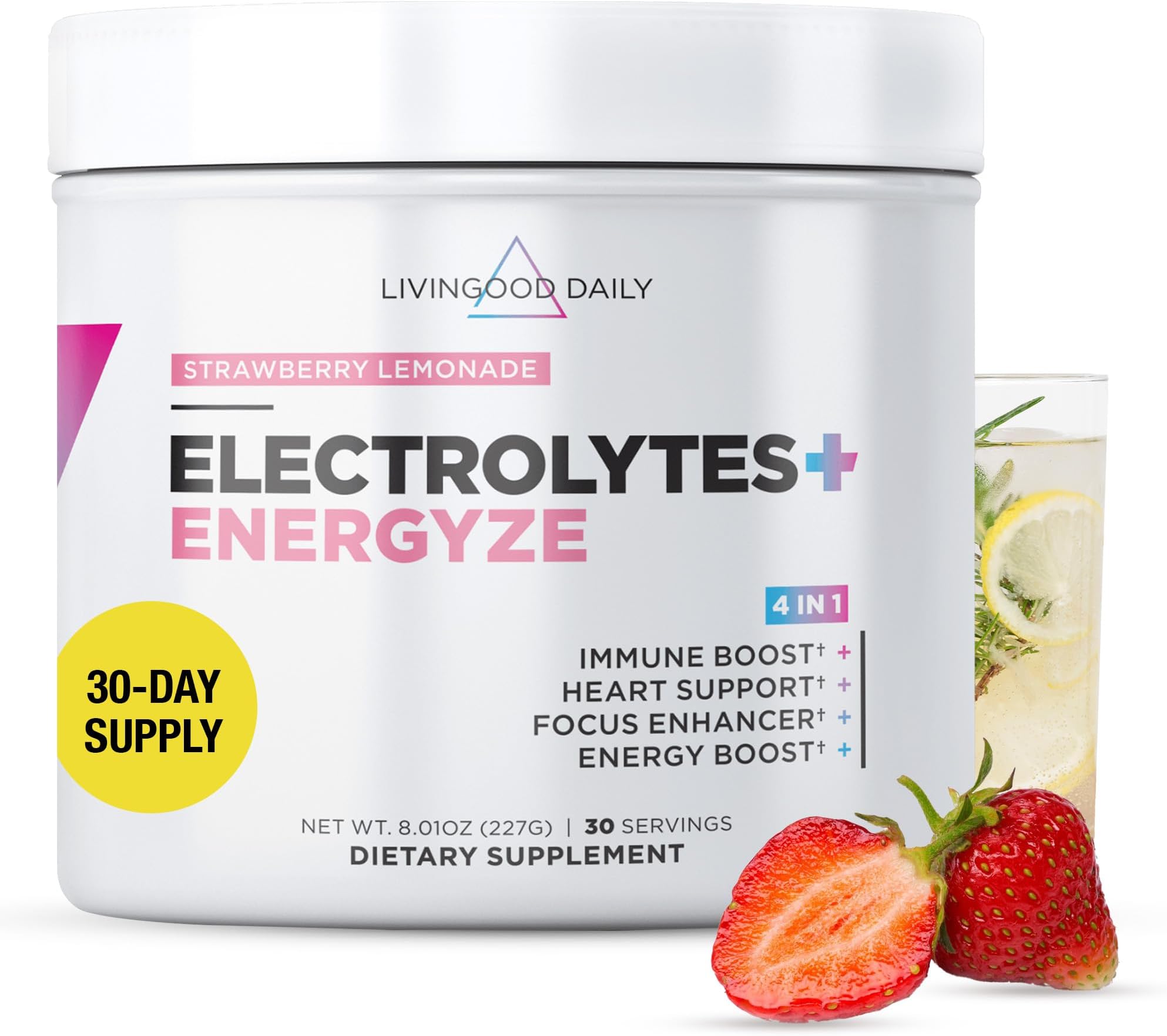 Livingood Daily Electrolytes Powder Strawberry Lemonade, 30 Servings - 4in1 Hydration Powder with Vitamin C, Taurine, D Ribose & FOS, Sugar Free Electrolyte Drink Mix, Keto, Gluten Free - Made in USA
