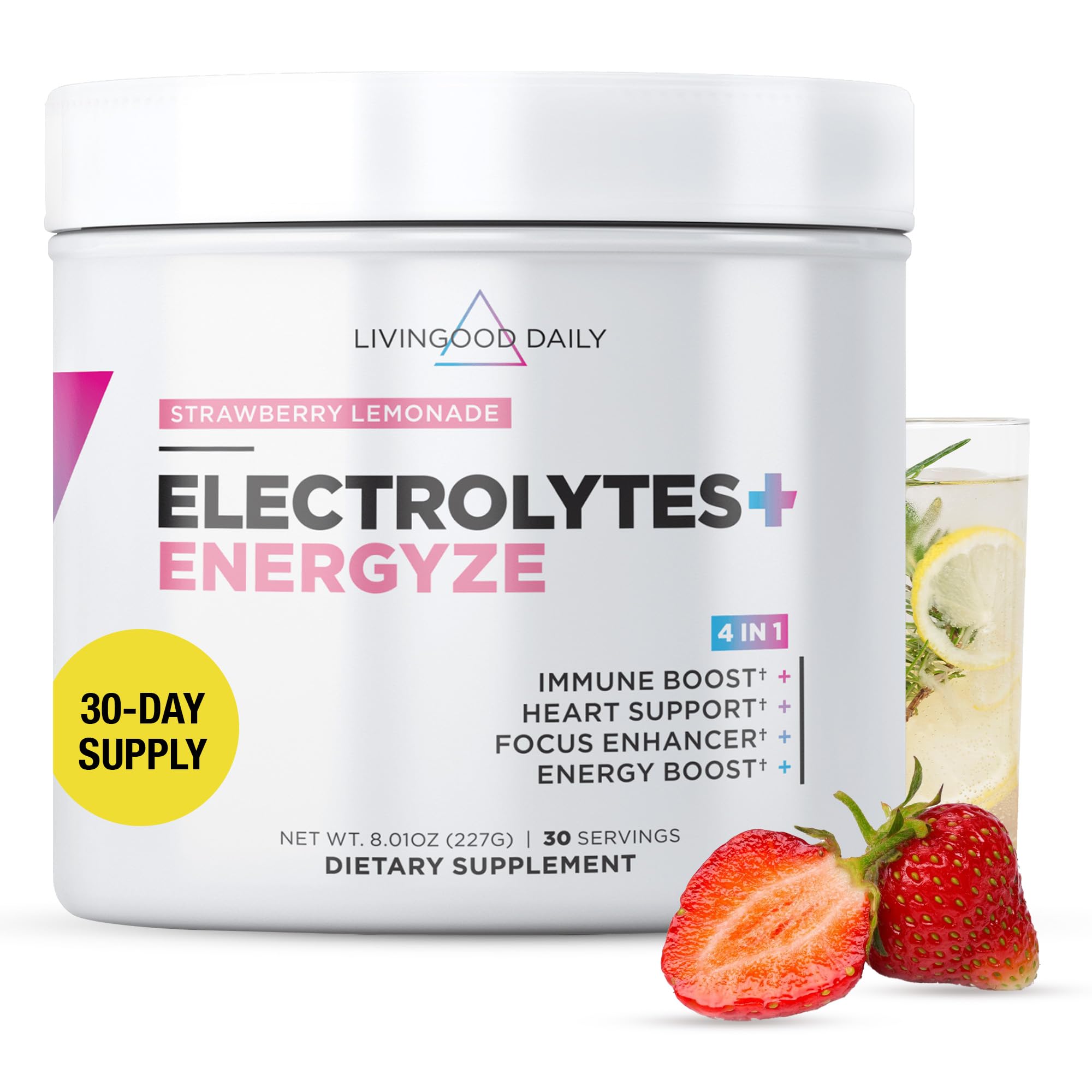 Polvo de electrolitos diarios Livingood, hidratación con electrolitos en polvo con vitamina C, taurina, D-ribosa y FOS, bebida de electrolitos sin azúcar, cetogénica, sin gluten, sabor limonada de fresa, 30 porciones