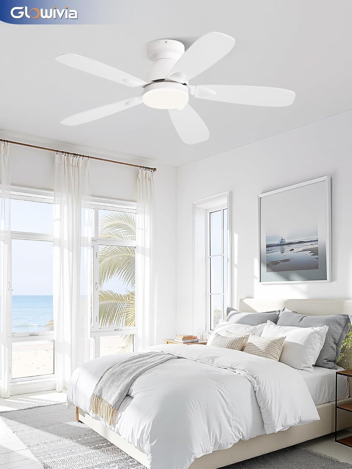 42 Inch Ceiling Fans with Lights and Remote Control,Modern Flush Mount Ceiling Fan with 3CCT Dimmable,Low Profile Ceiling Fans with 6-Speeds Reversible DC Motor for Bedroom Living Room(White)