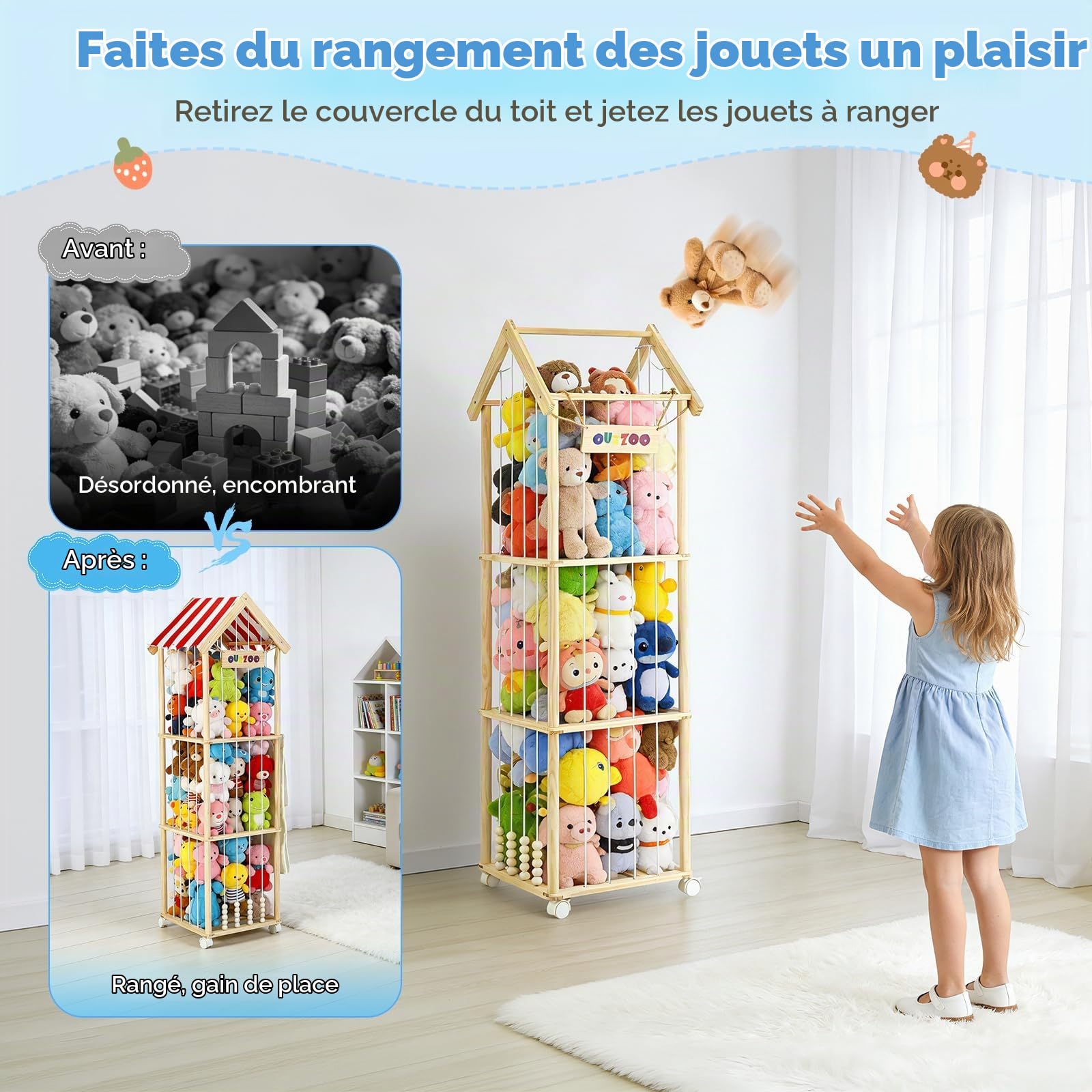 Rangement pour Peluches, 151x46x46CM Rangement Peluche Enfant en Bois Massif, Range Peluche avec Roulettes Pivotantes Verrouillables à 360° pour Chambre de Bébé, Salon, Chambre D'enfant