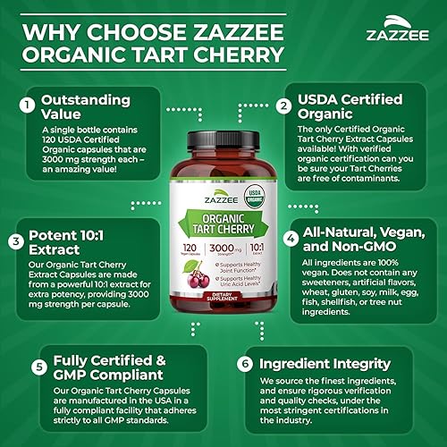 Miniatura 6 de Zazzee USDA Organic Tart Cherry 10:1 Extracto 10:1, 3000 mg de fuerza, 120 cápsulas veganas, suministro de 4 meses, extracto estandarizado,