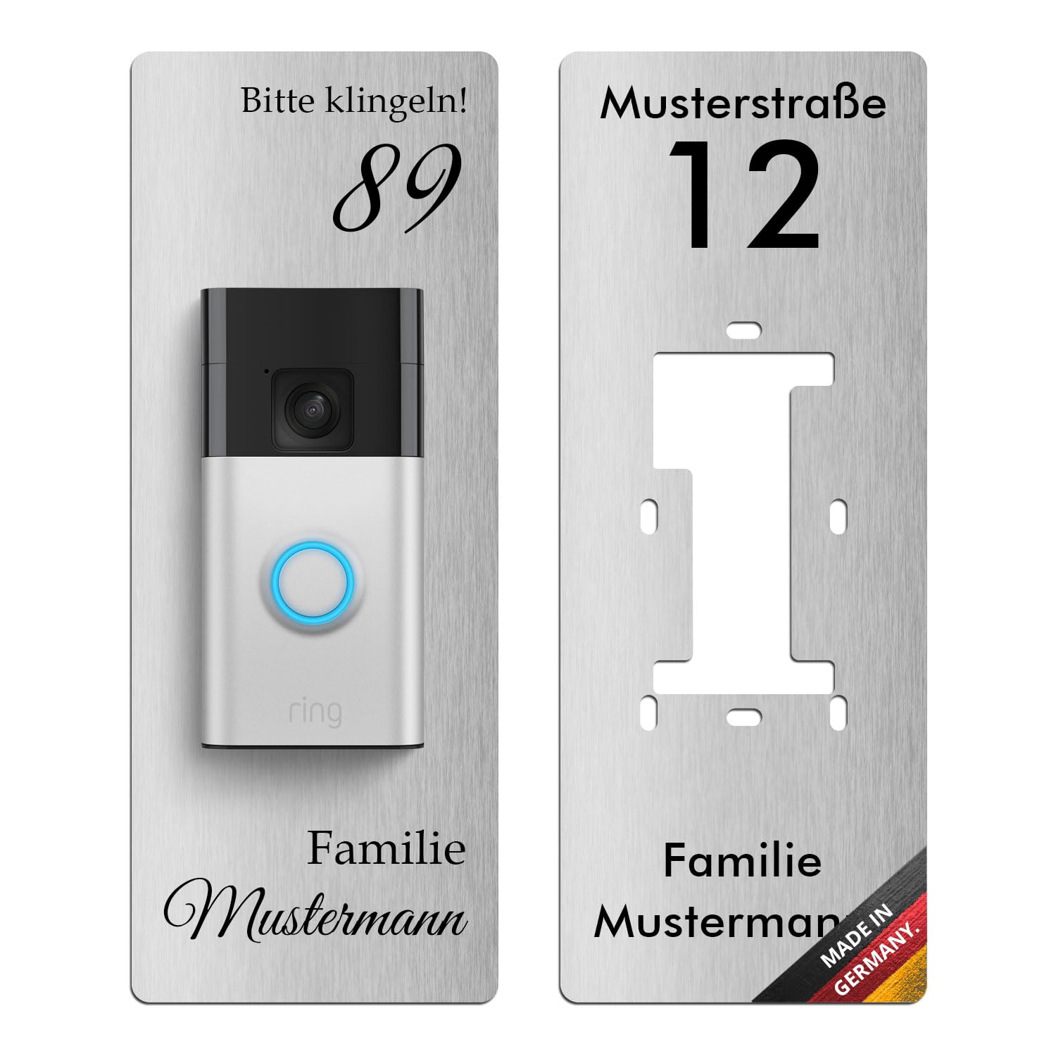 iSecur Edelstahl Blende personalisiert Premium - Passend für Ring Akku-Videotürklingel 2, Gen 3 Plus 4 (2024) - Edle Türstation-Platte 260x100 mm - Klingelschild mit Wunschdruck I az181