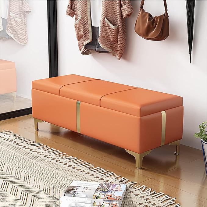 Modern PU Upholstered Ottoman Bench with Storage and Metal Legs for