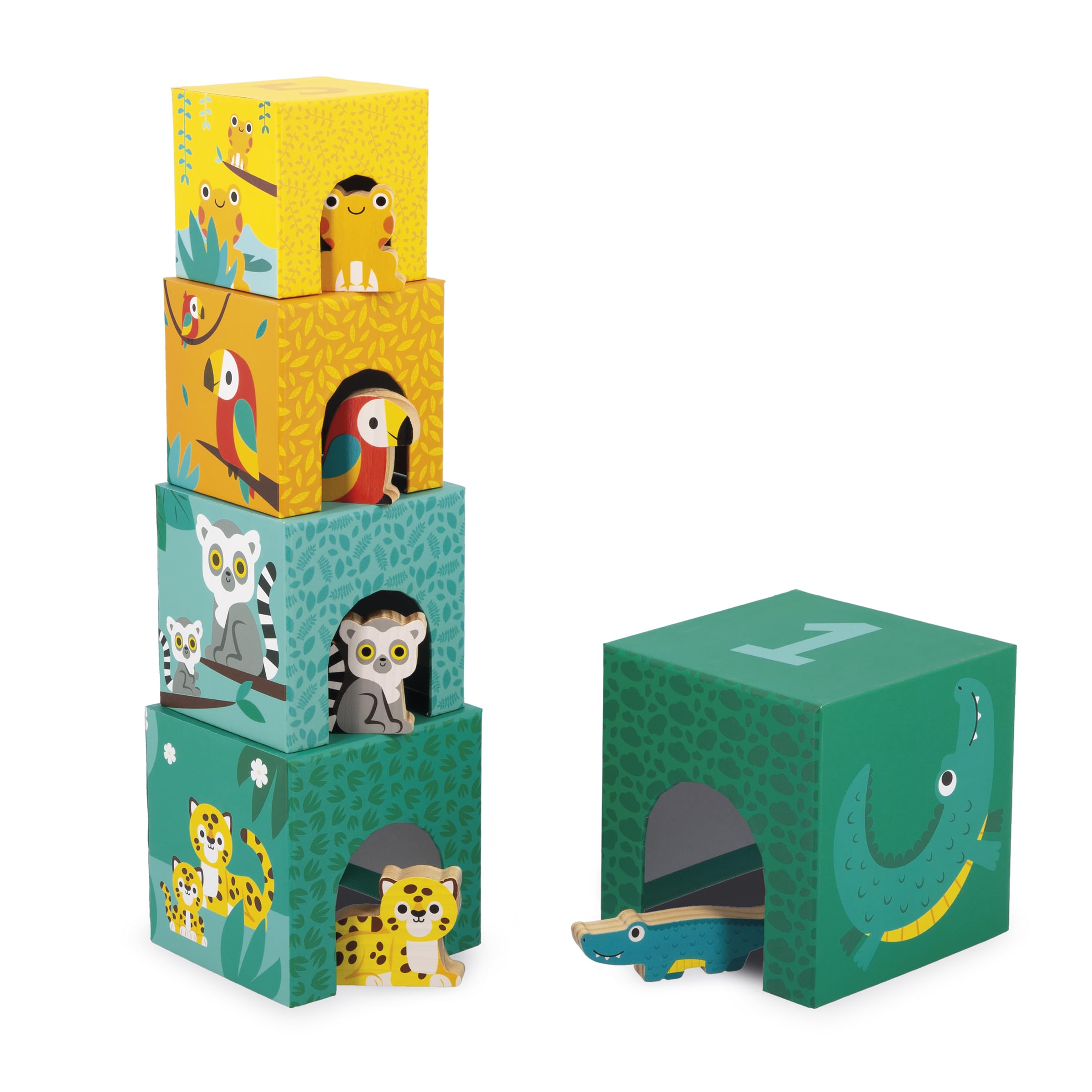 Janod - My First Pyramid - Tropical Animals Theme - Early Learning Toy - 5 Stacking Cubes + 5 Wooden Animals - Develops Dexterity and Imagination - From 12 Months