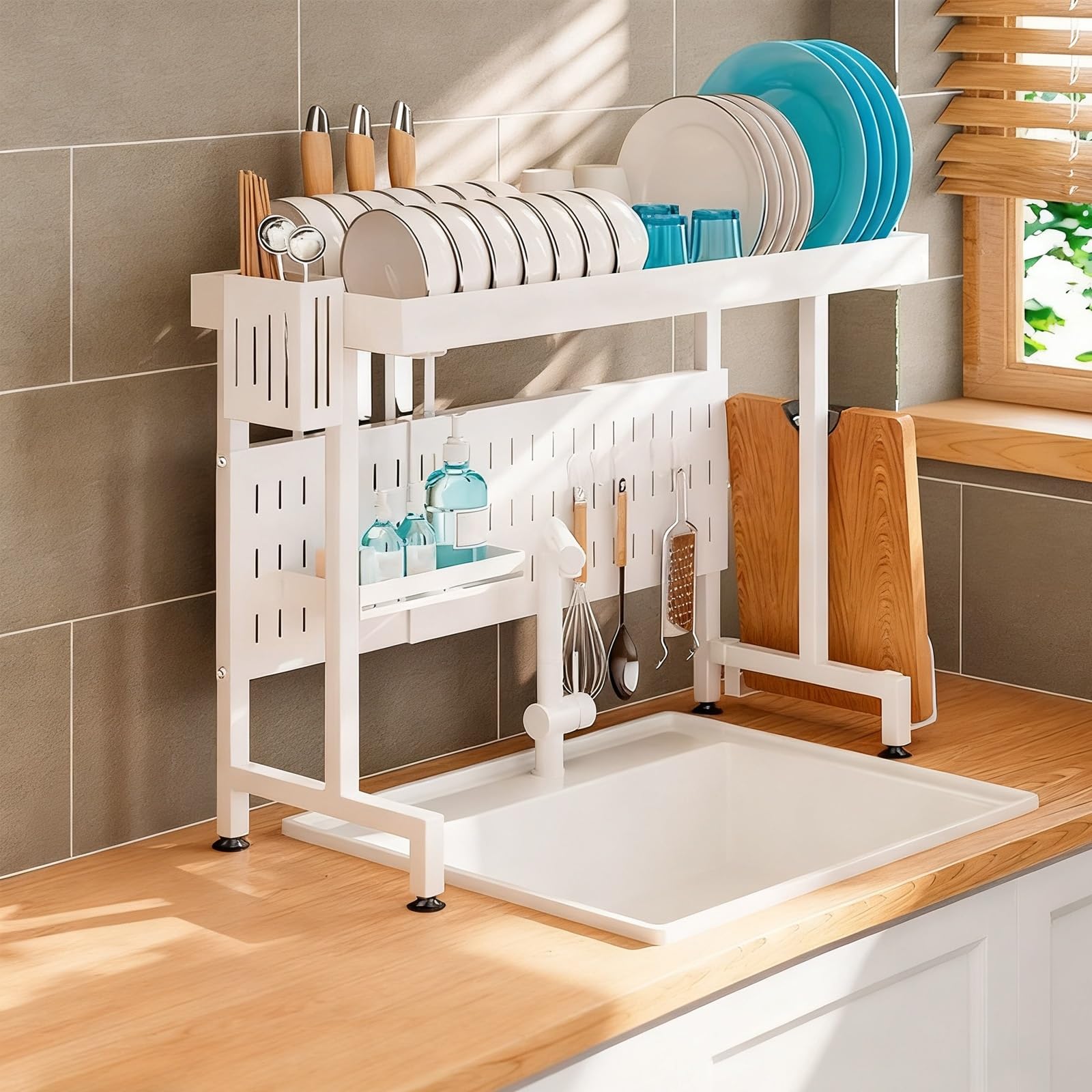 Égouttoir à vaisselle à 2 niveaux en acier inoxydable avec porte-ustensiles, grand égouttoir à vaisselle de cuisine avec compartiment de rangement pour assiettes et plats, 86 cm.