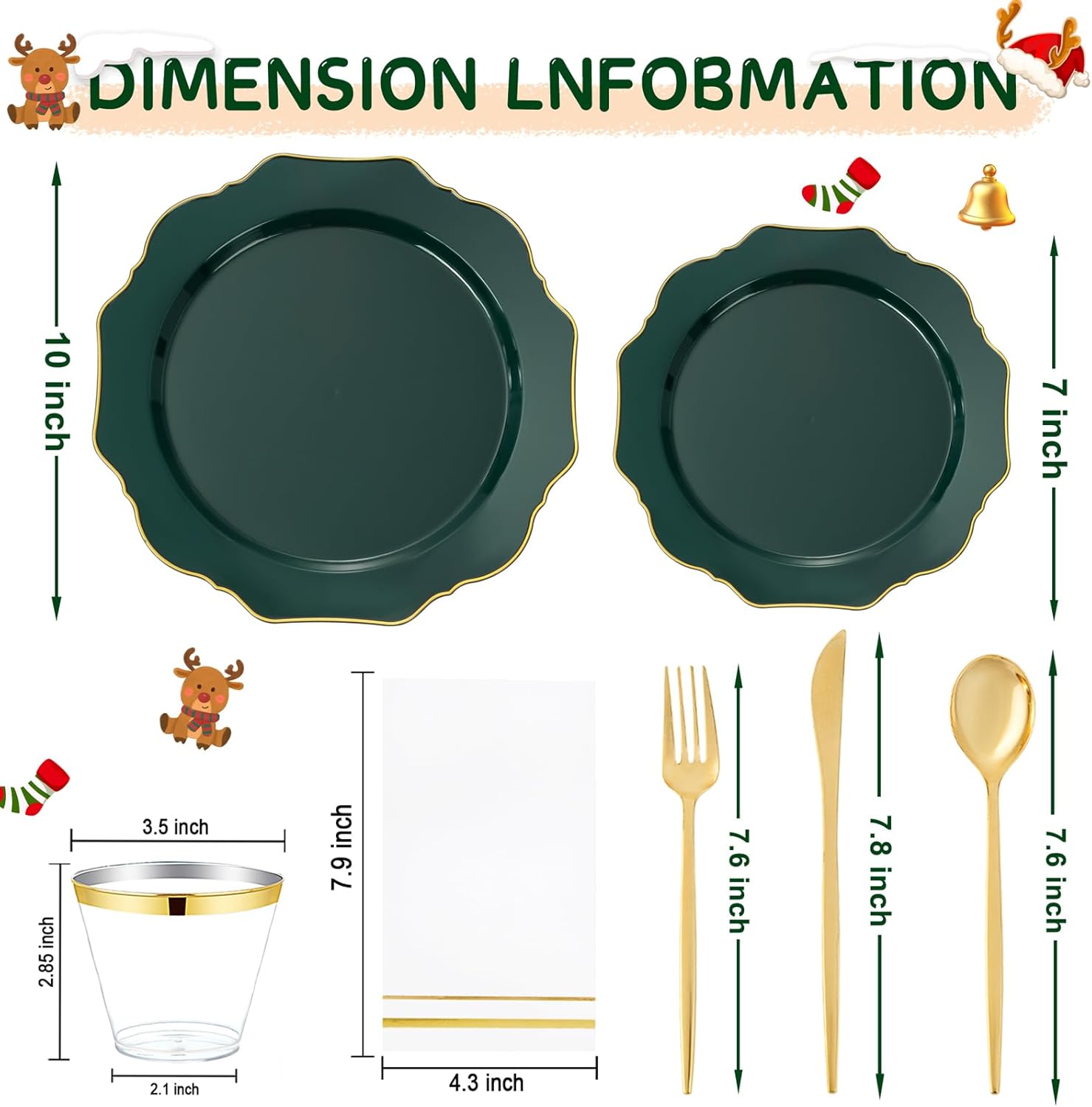 WDF 175Pcs Green Plastic Plates - Green Plates Disposable with Gold Rim - Christmas Plastic Plate - Fancy Disposable Dinnerware Sets 25 Guests Ideal for Party/Wedding/Birthday/St.Patrick's Day - Image 7