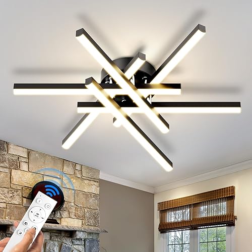 Modern Sputnik Ceiling Light Fixture 52w LED Dimmable with Remote Control Ceiling Lighting Black Flush Mount Chandelier Ceiling Lamp for Bedroom Study Kitchen Living Room 3-Color 23.6inches
