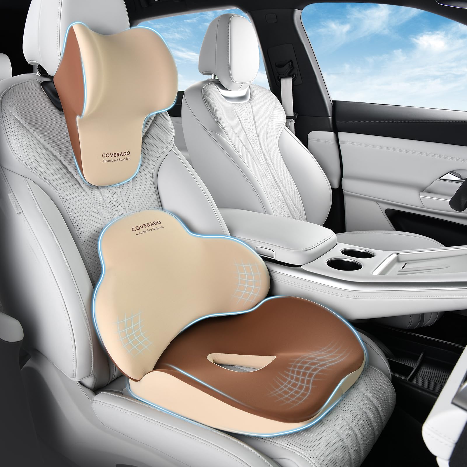 Coverado Cuscino di supporto lombare e Cuscino del collo per sedia da ufficio dell'automobile, Ergonomico Schiuma di memoria Sedia da scrivania Cuscino di sostegno posteriore & Cuscino poggiatesta