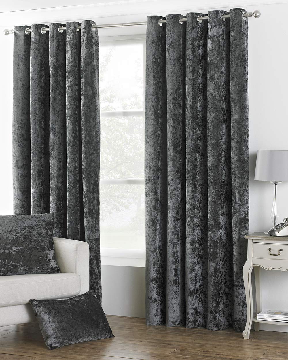 Paoletti Verona Pewter Crushed Velvet Eyelet Curtain 117 x 183cm - Grey - 100% Polyester