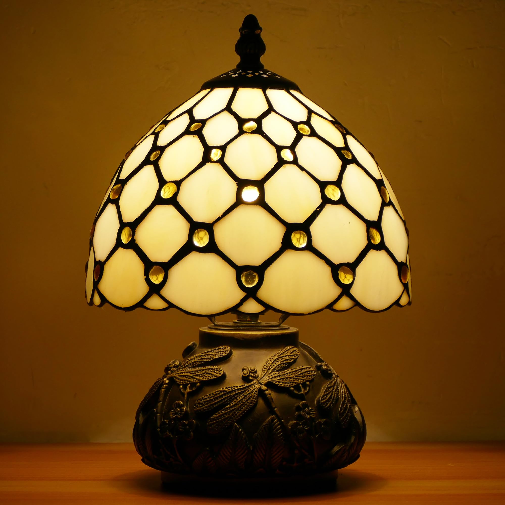 WFAYNTIFL Small Tiffany Lamp Mini Stained Glass Table Lamp Cream Amber Pearl Style Mushroom Memory Sympathy Lamp 8X11 Inch