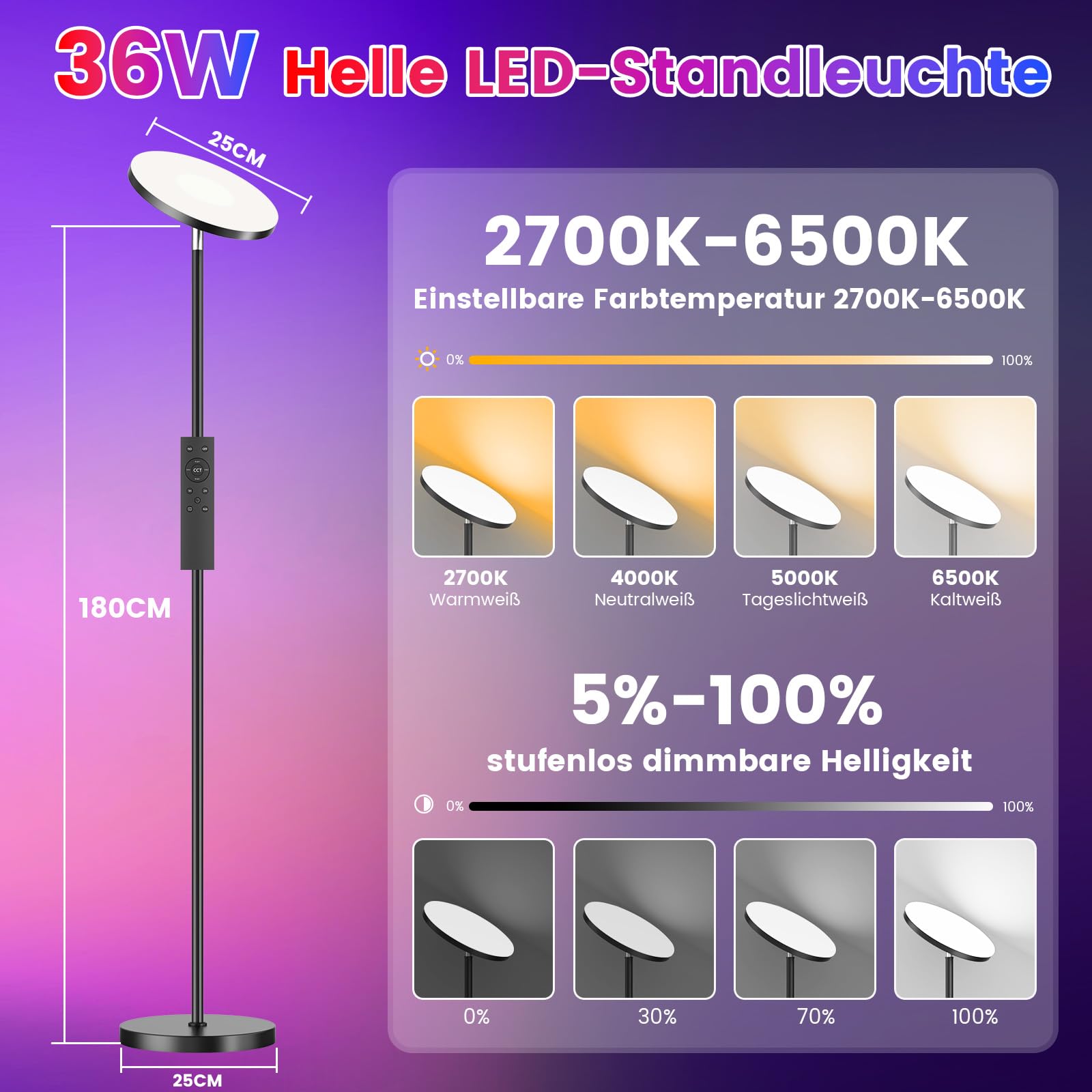 LED Stehlampe Wohnzimmer RGB Dimmbar, 36W Superhelle Farbwechsel Floor Lamp, Moderne Deckenfluter mit Fernbedienung und Touch-Steuerung, 2700K-6500K RGB Dimmbar für Wohnzimmer