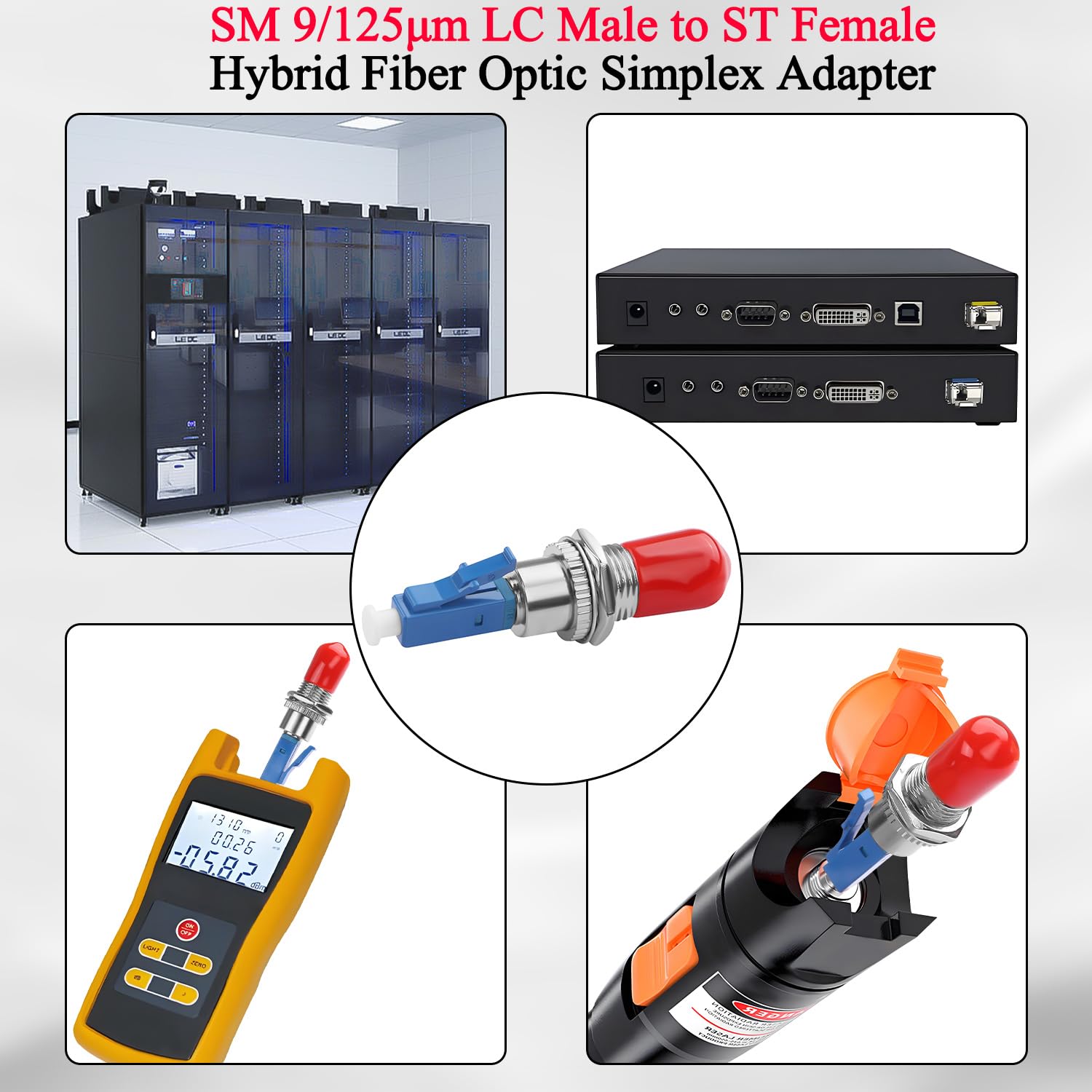 QIANRENON LC do ST hybrydowy adapter światłowodowy SM 9/125μm LC/UPC męski na ST/UPC żeńskie złącze światłowodowe Simplex, do optycznego FTTH miernika mocy miernika Pigtail Czerwone światło pióra